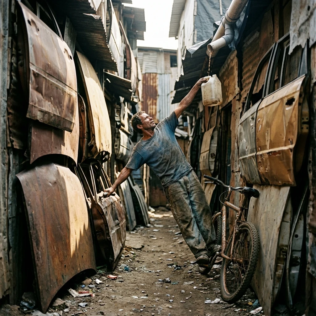 A survivor standing on a mountain bike pedal to reach a overhead rainwater gutter pipe in…