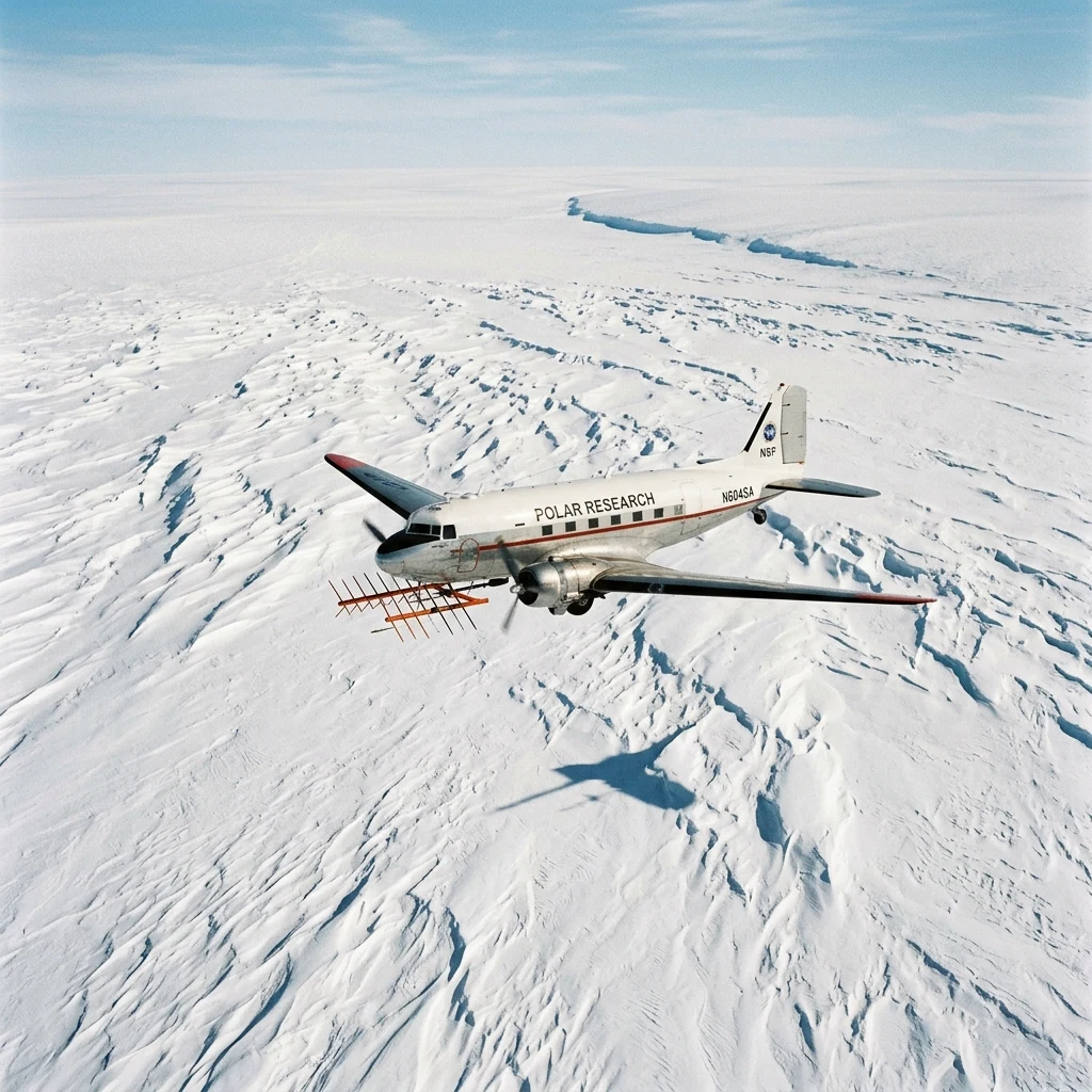 Research aircraft flying over frozen ice