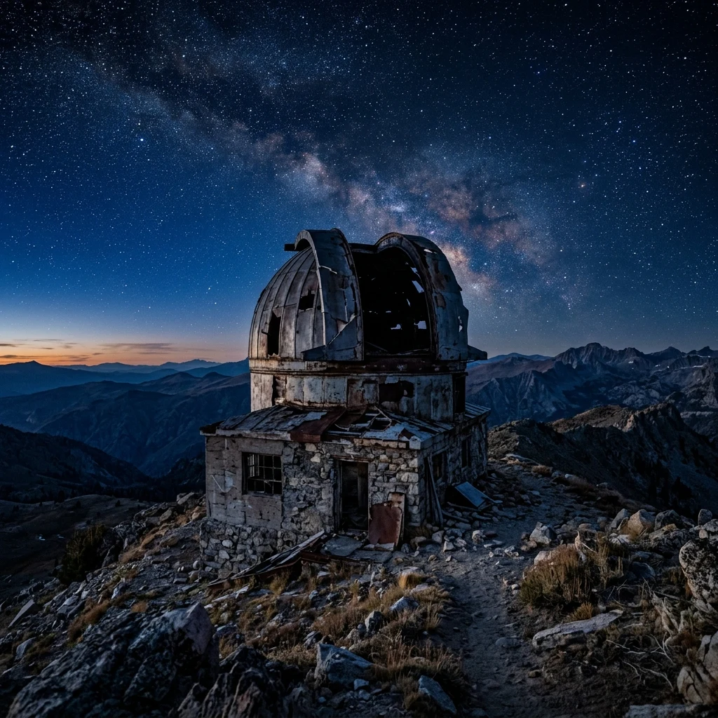 A long-exposure 4x5 large-format photograph of a derelict mountaintop observatory at blue…
