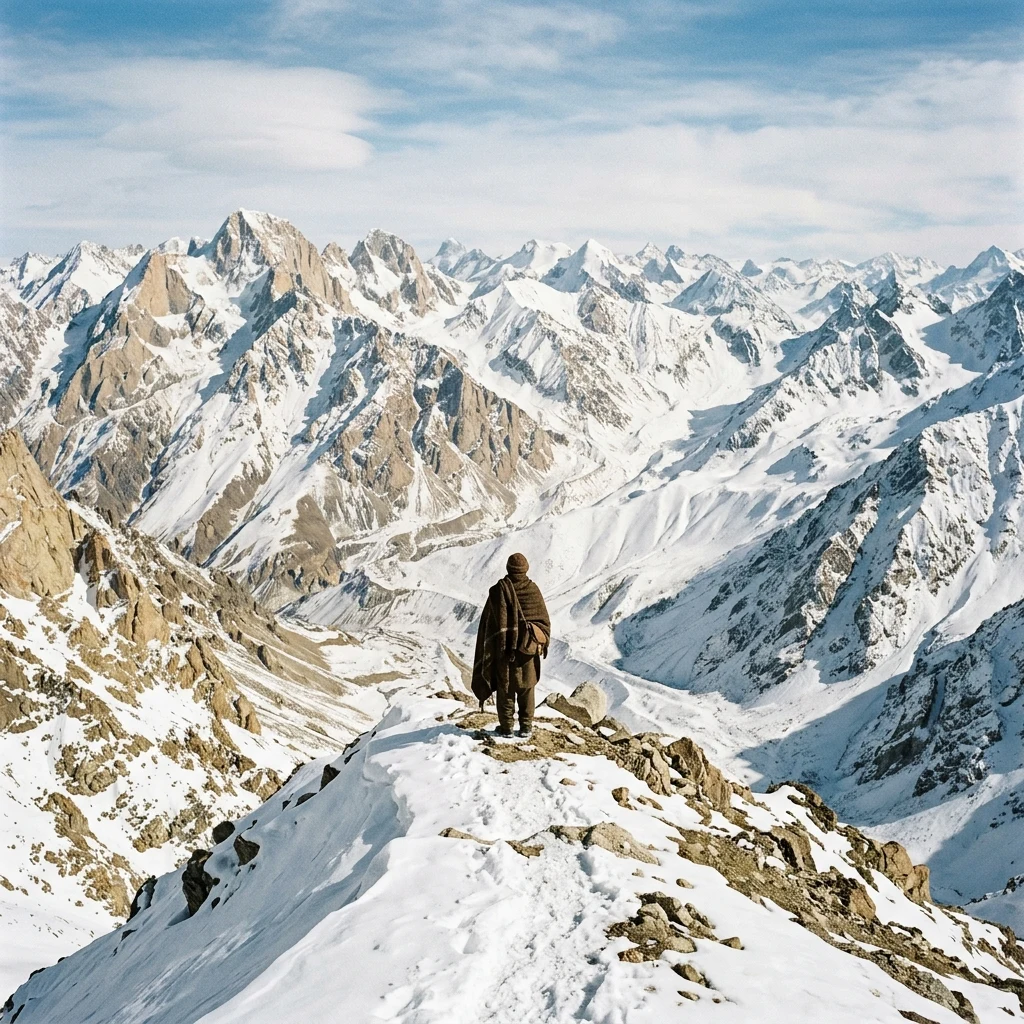 A high-angle 4x5 large-format view of a snowy mountain pass in the Hindu Kush