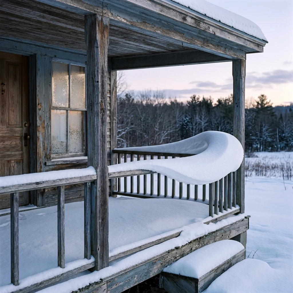 Snowy farmhouse porch at first light