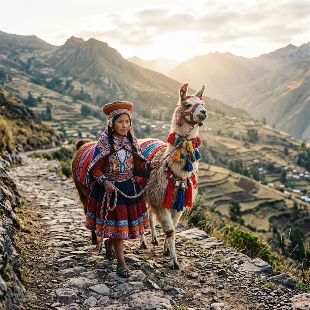 A young Quechua girl in bright traditional dress leading a decorated llama down a cobbled…