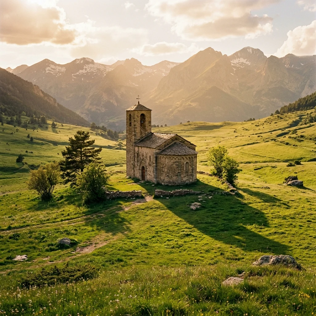 An ancient Romanesque stone chapel standing isolated in a high Pyrenean valley