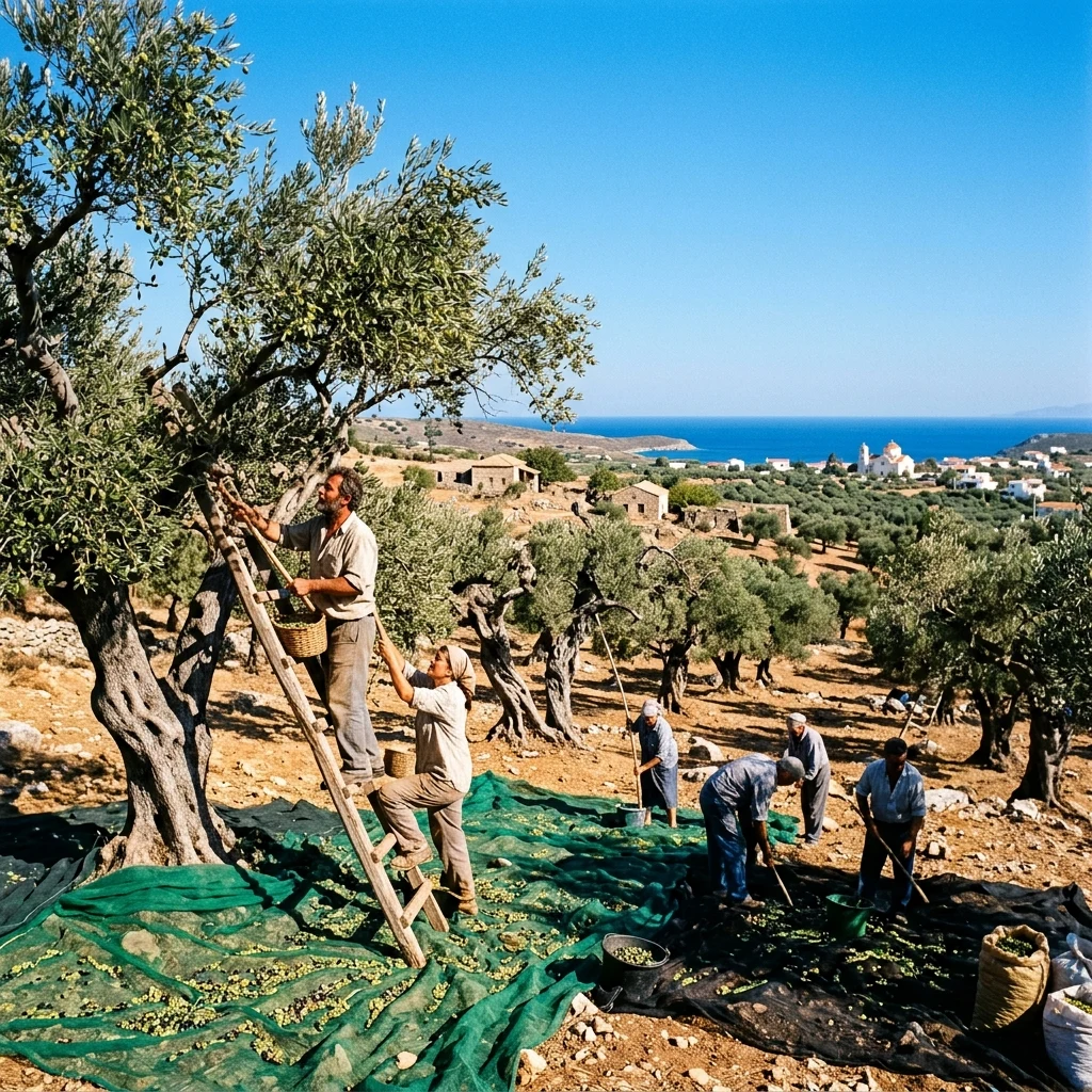 Olive harvest in a sunny Mediterranean grove