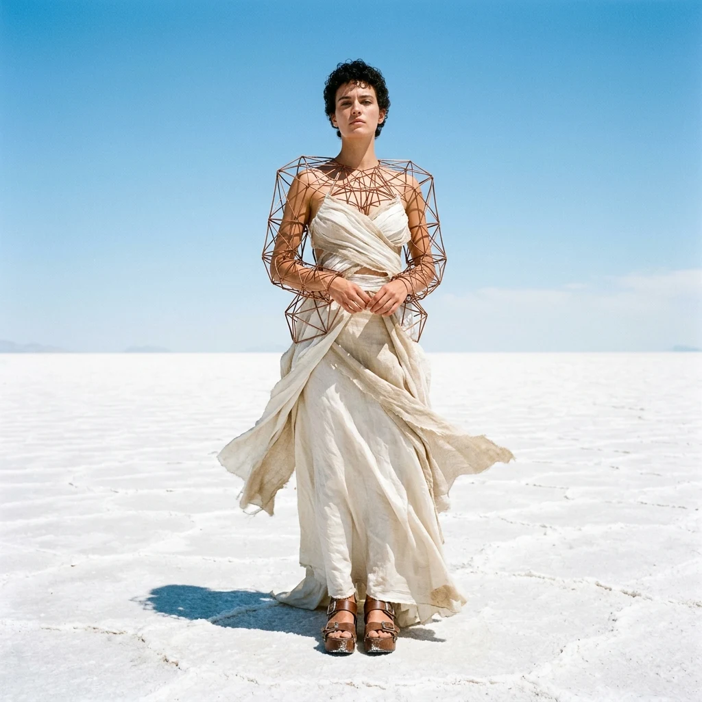 An avant-garde garment constructed entirely from woven copper wire and raw raw silk
