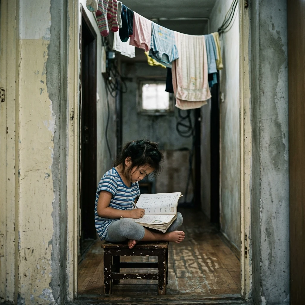 A child sitting on a low wooden stool doing homework in a cramped apartment doorway along…