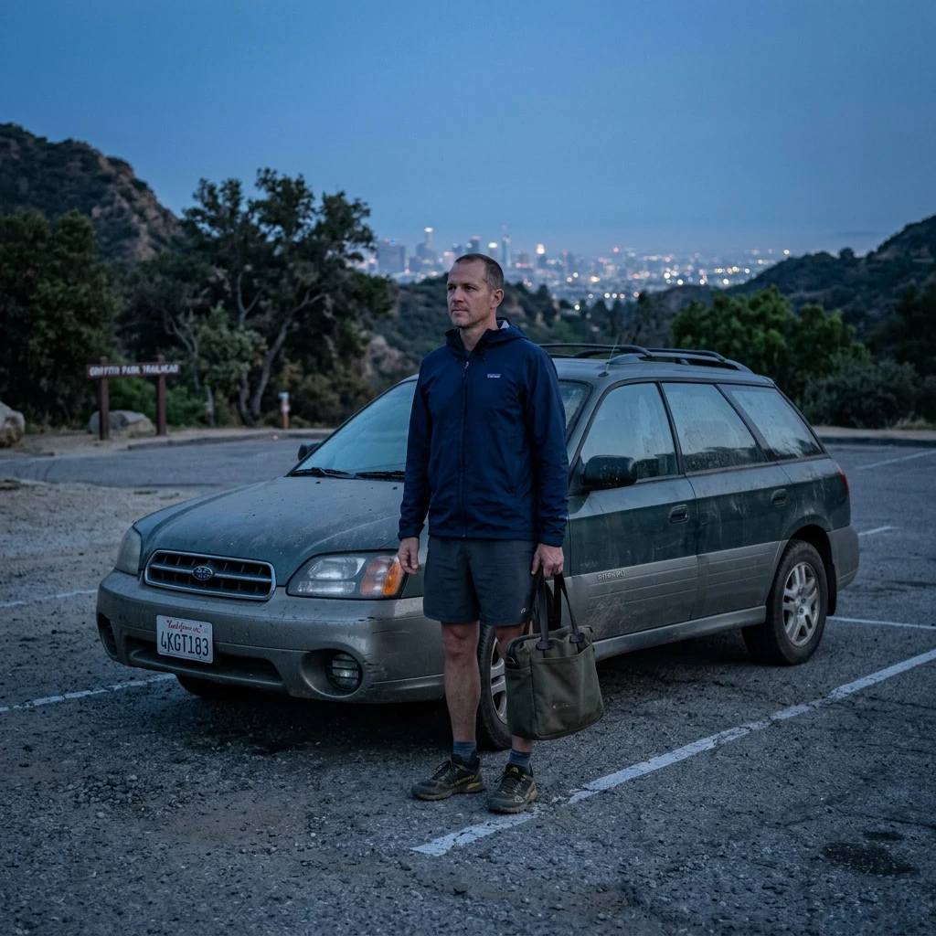 A man in a technical shell over shorts with trail runners and a canvas tote