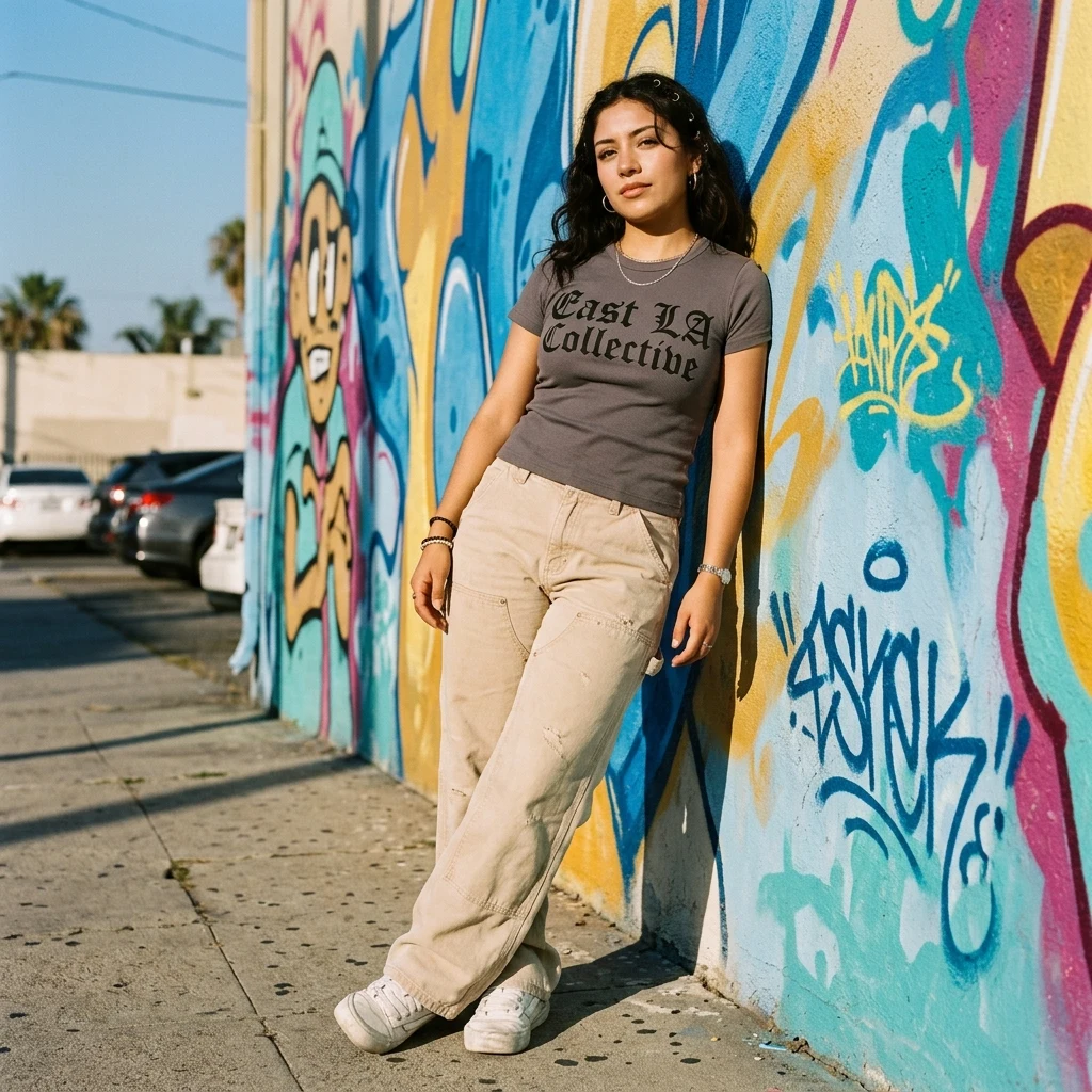 Street fashion by a colorful mural