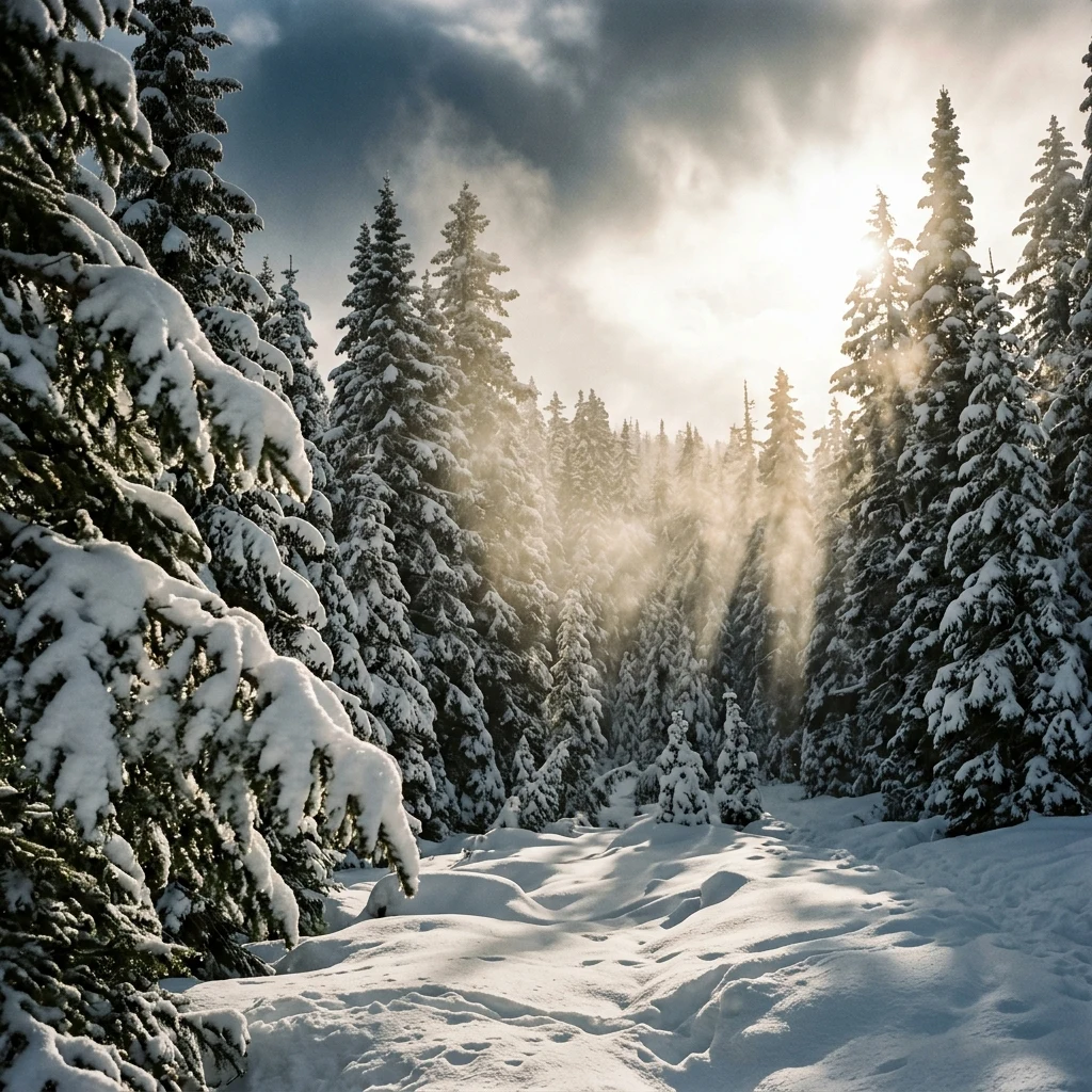 A dramatic storm front clearing over a dense taiga forest