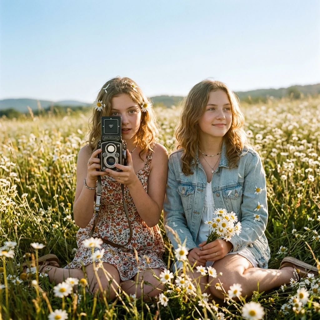 Identical female twins in their teens sitting in a field of daisies