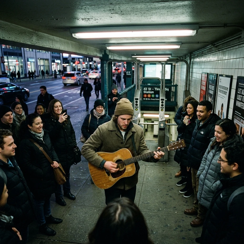 A street musician with a crowd thickening around him at a subway entrance