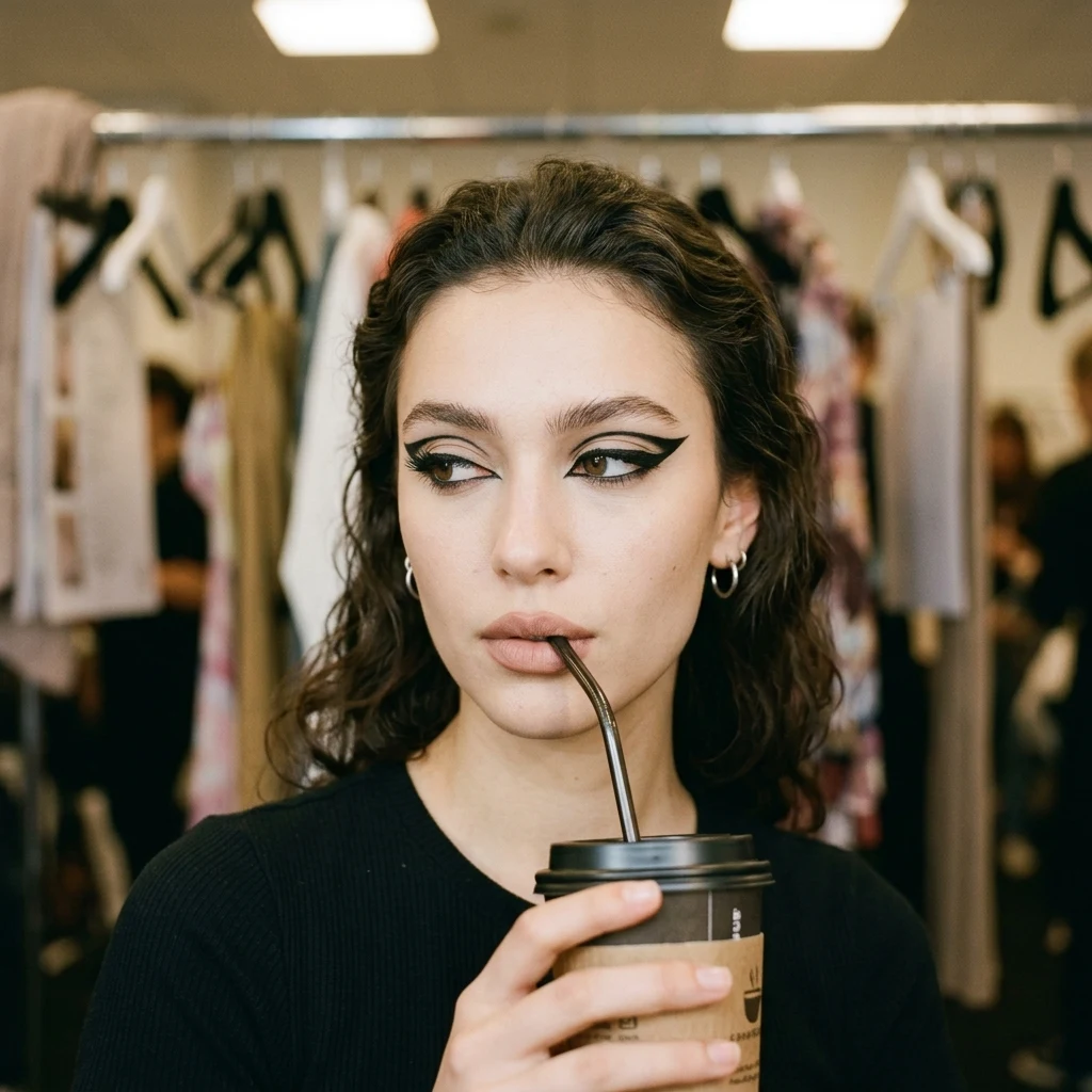 A candid backstage portrait of a model in dramatic winged eyeliner drinking coffee…