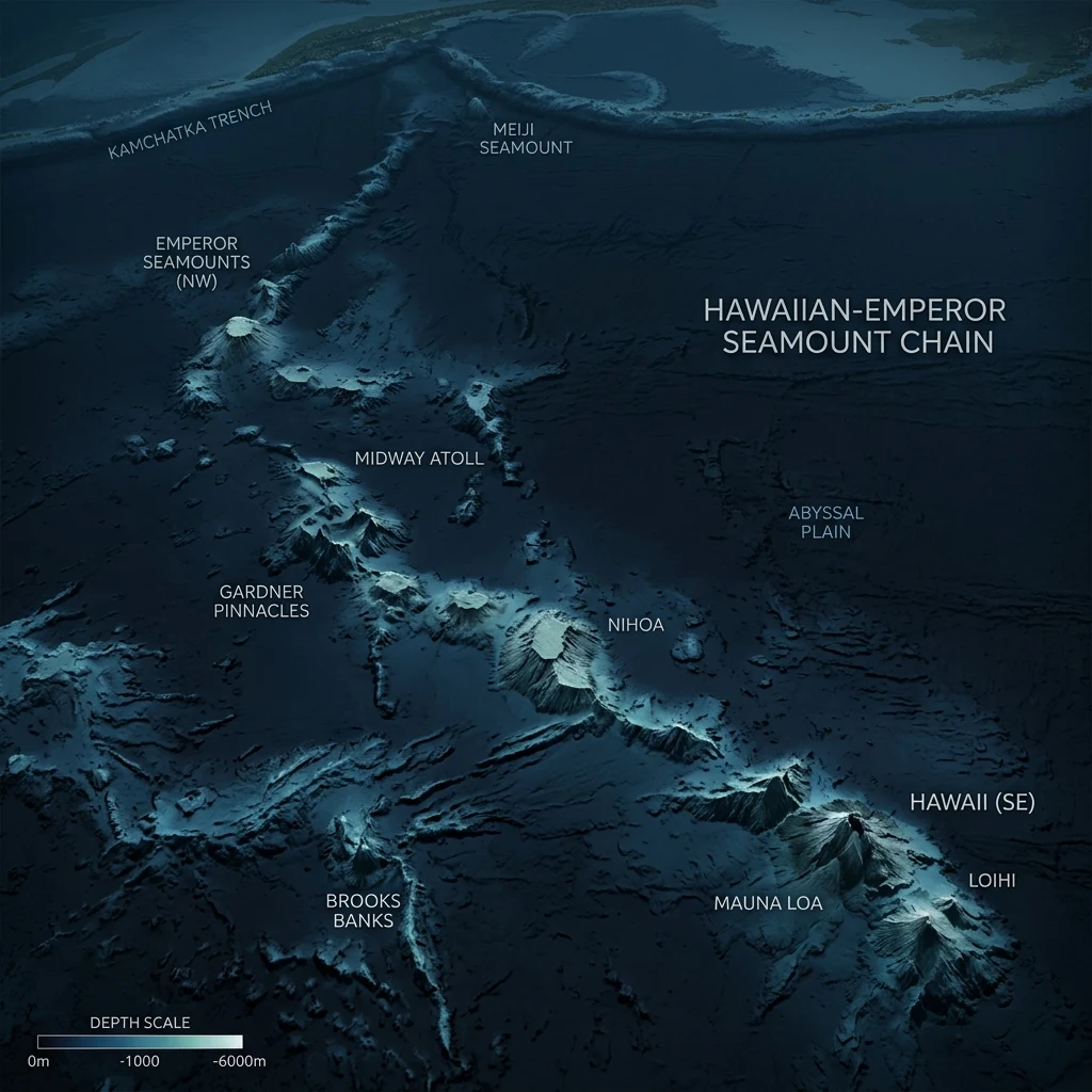 A scientific sonar map showing the alignment of the Hawaiian-Emperor Seamount Chain