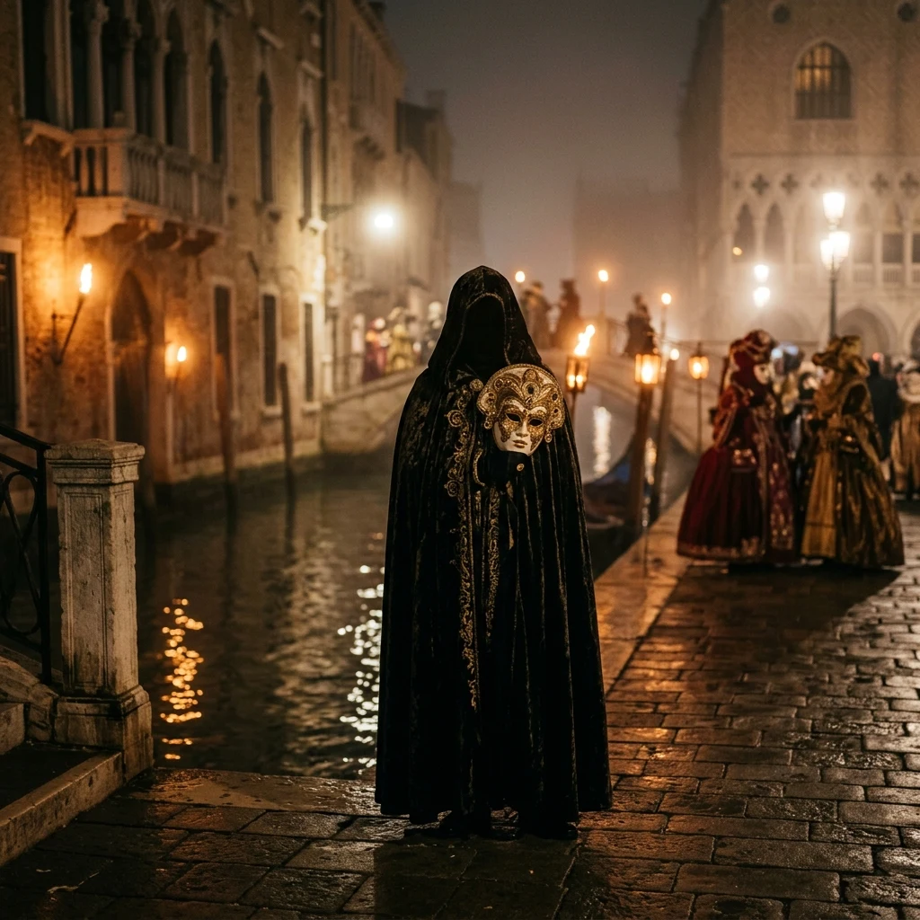 Masked figure on a misty Venetian bridge
