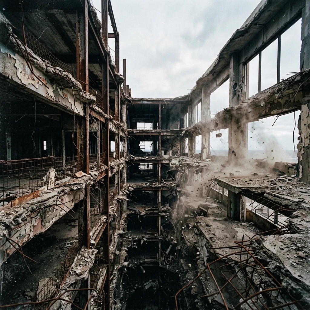 An abandoned skyscraper core with broken windows acting as a wind tunnel