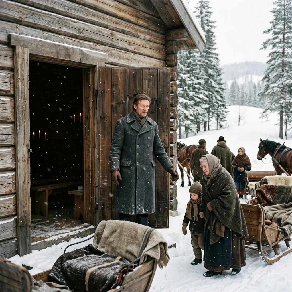 A pioneer preacher standing in the doorway of a newly built rough-hewn log church