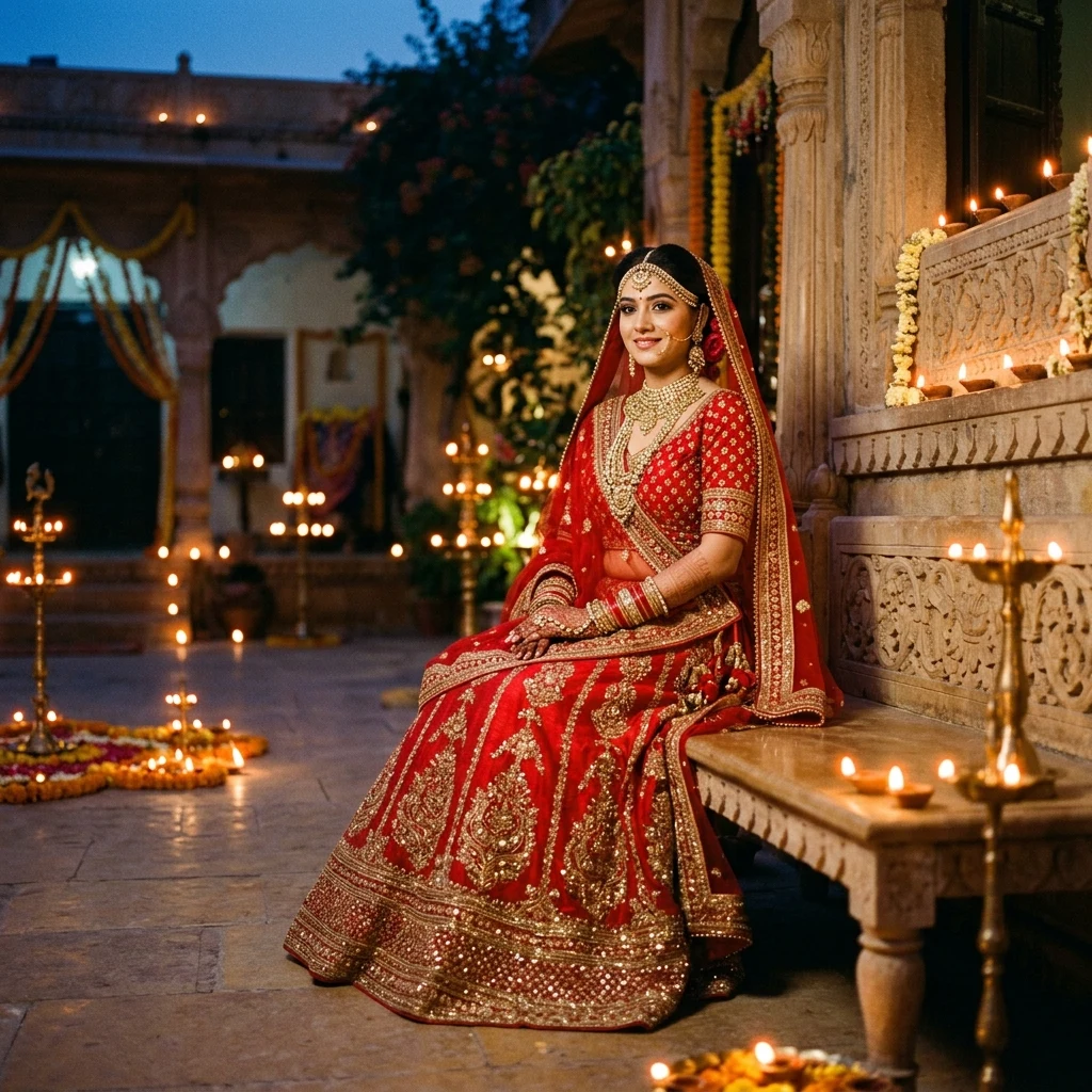 An Indian bride in a heavily embellished scarlet raw-silk lehenga with zardozi embroidery…