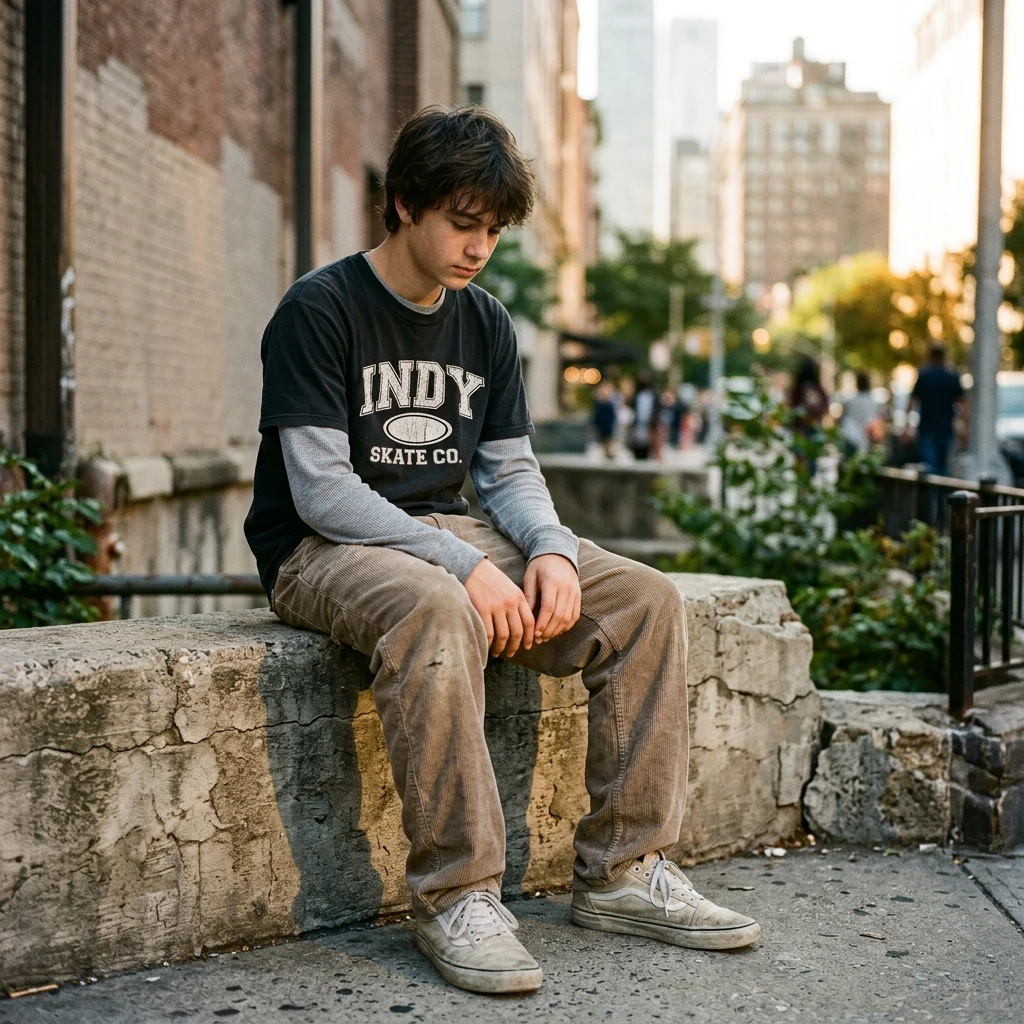 A teenage boy in a thermal long-sleeve layered under a vintage skate-brand tee