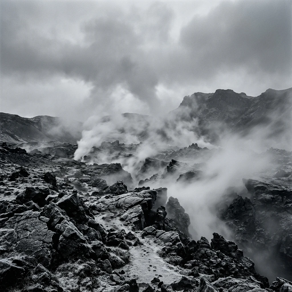 A long-exposure shot of geothermal steam rising from volcanic fissures on the Reykjanes…