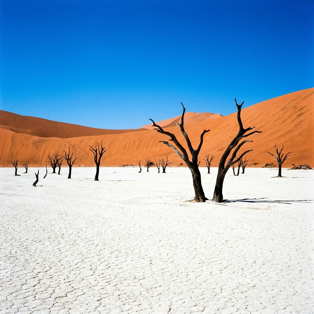 Stark dead acacia tree trunks rising from a white clay pan at Deadvlei
