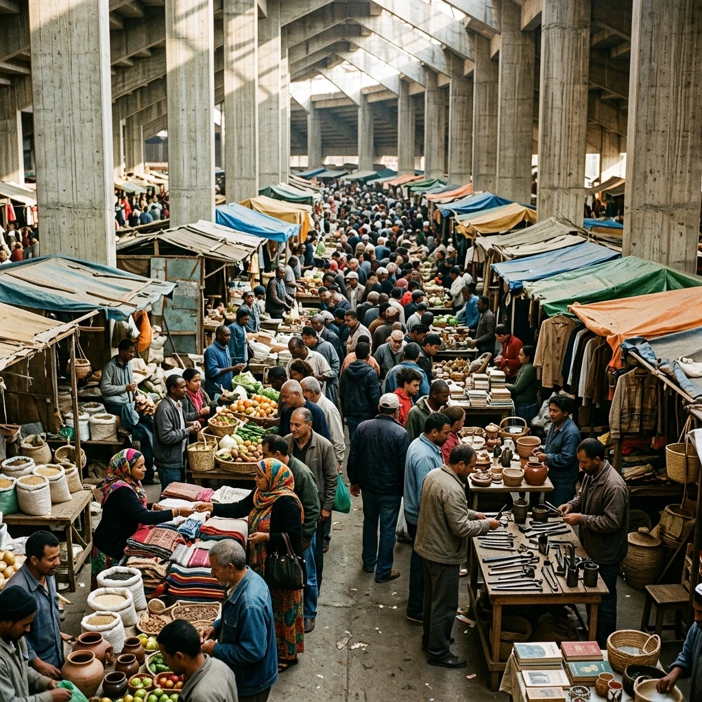 A barter market filling a stadium concourse