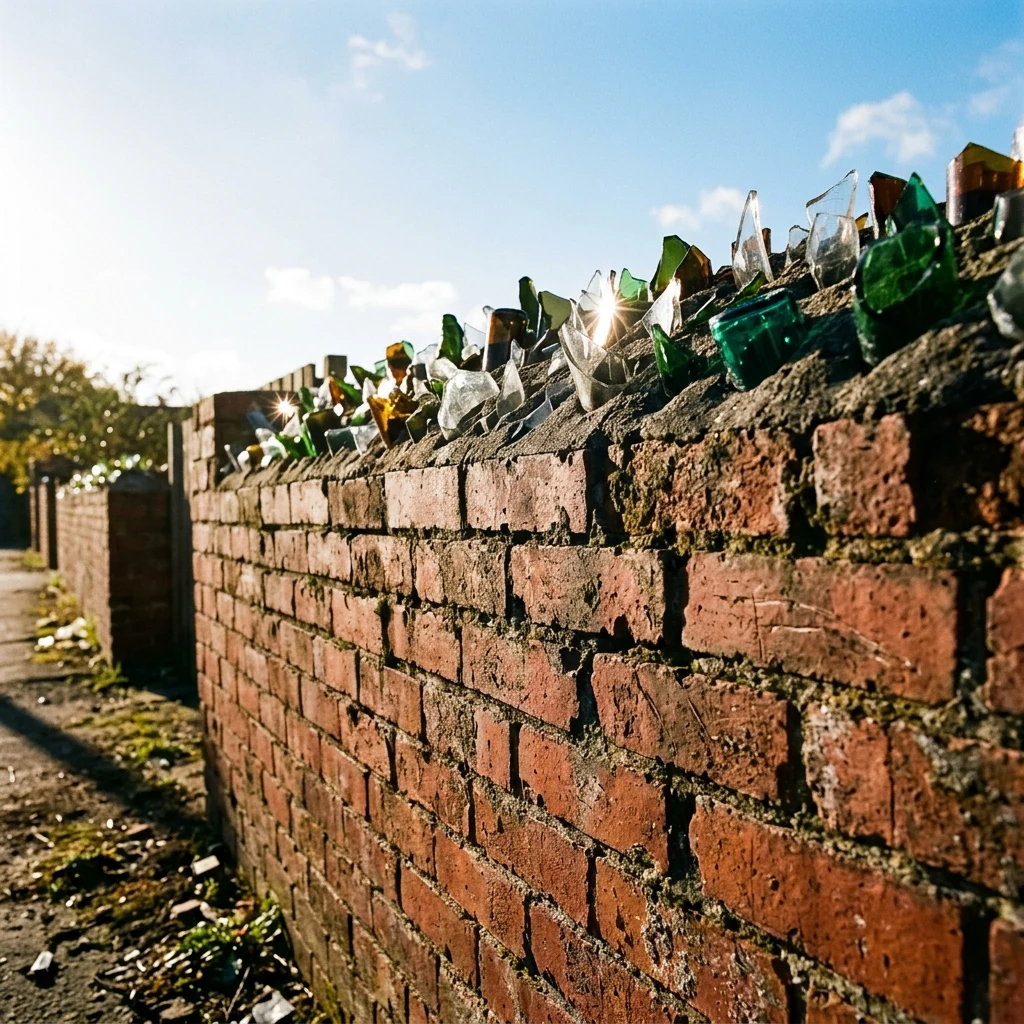 A fence boundary topped with broken glass bottle necks set into mortar along the top of a…