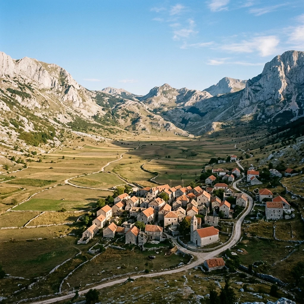 Stone village nestled in a mountain valley