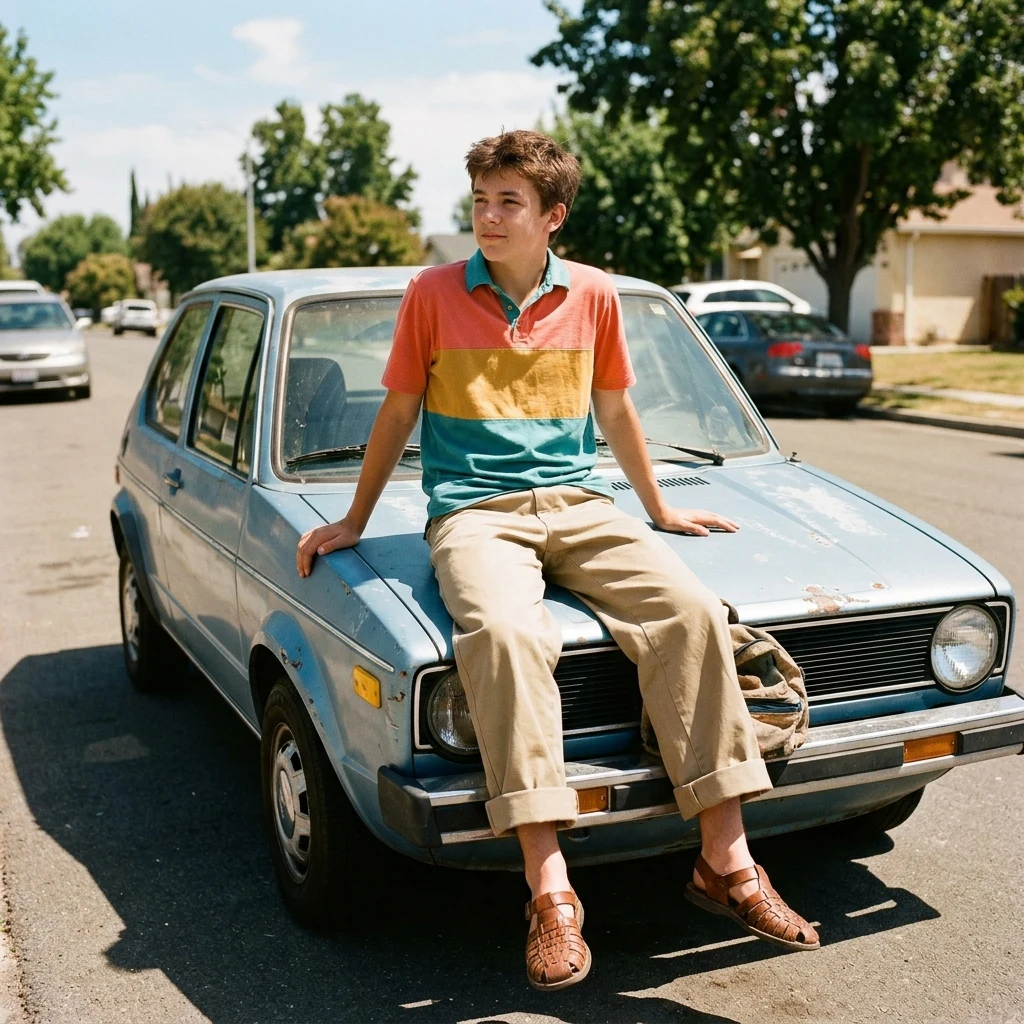A teenage boy in a color-blocked striped polo shirt