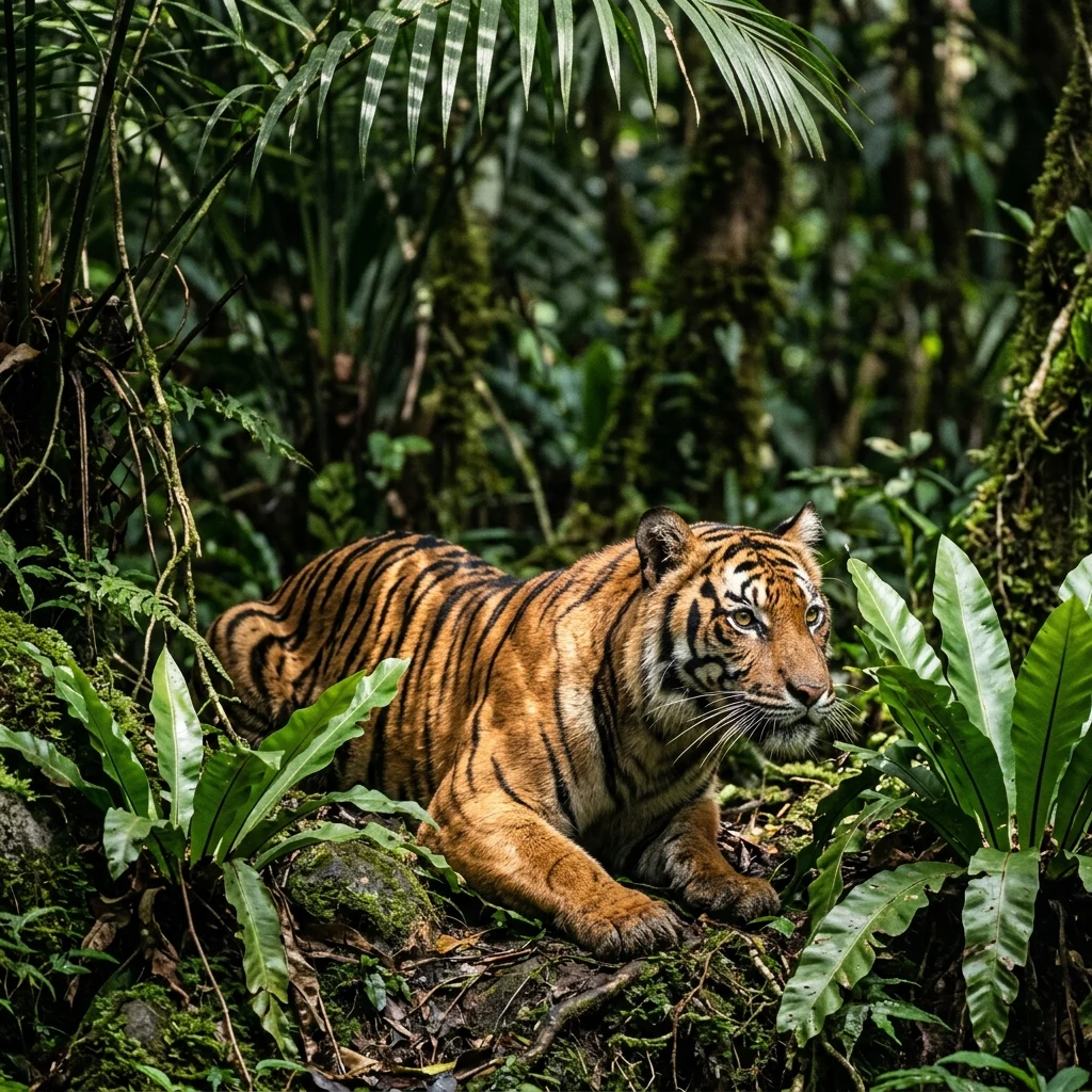 A Sumatran tiger crouching in dense tropical jungle foliage on the slopes of the volcanic…