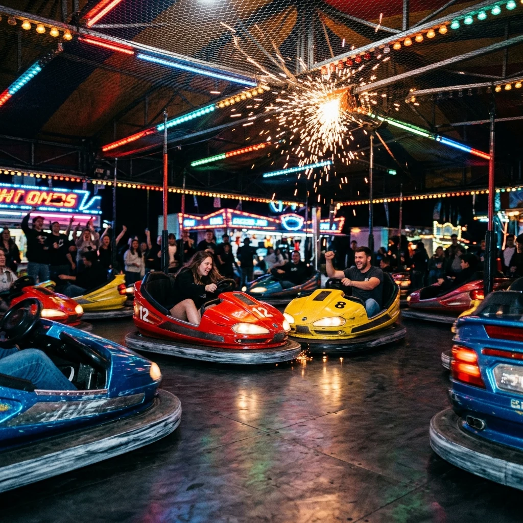 Bright bumper cars at a night carnival