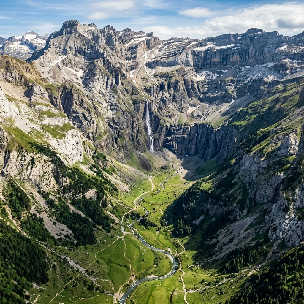 Waterfall cascading into a grand mountain amphitheater
