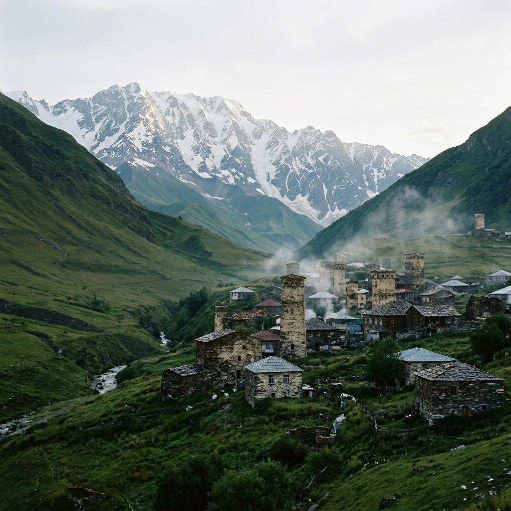 A Svan watchtower village in the Georgian Caucasus surrounded by lush green valleys and…