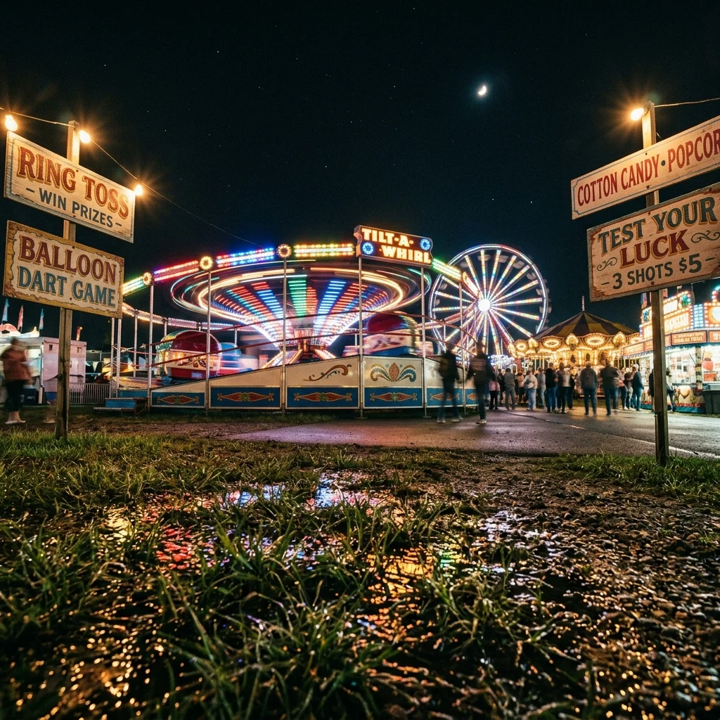 A carnival midway at night on long exposure