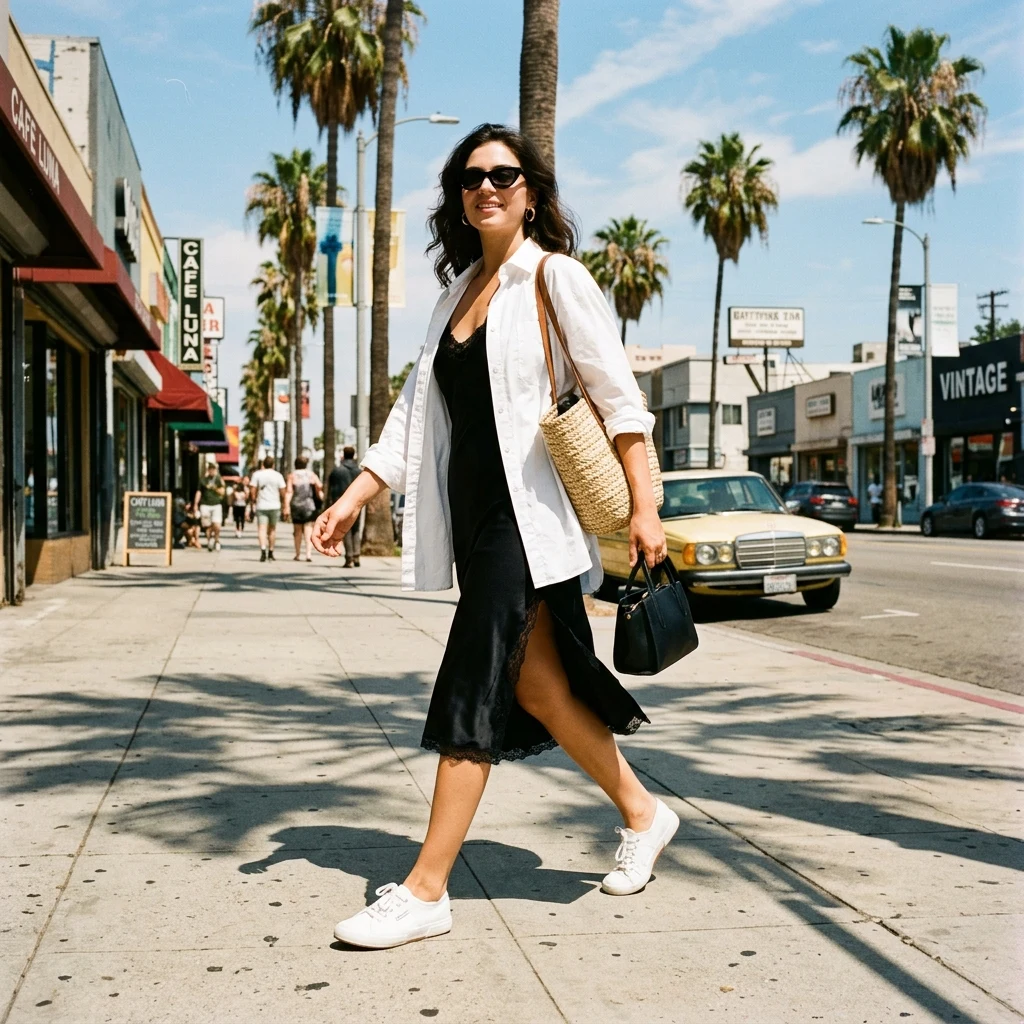 Summer afternoon walk on a city sidewalk