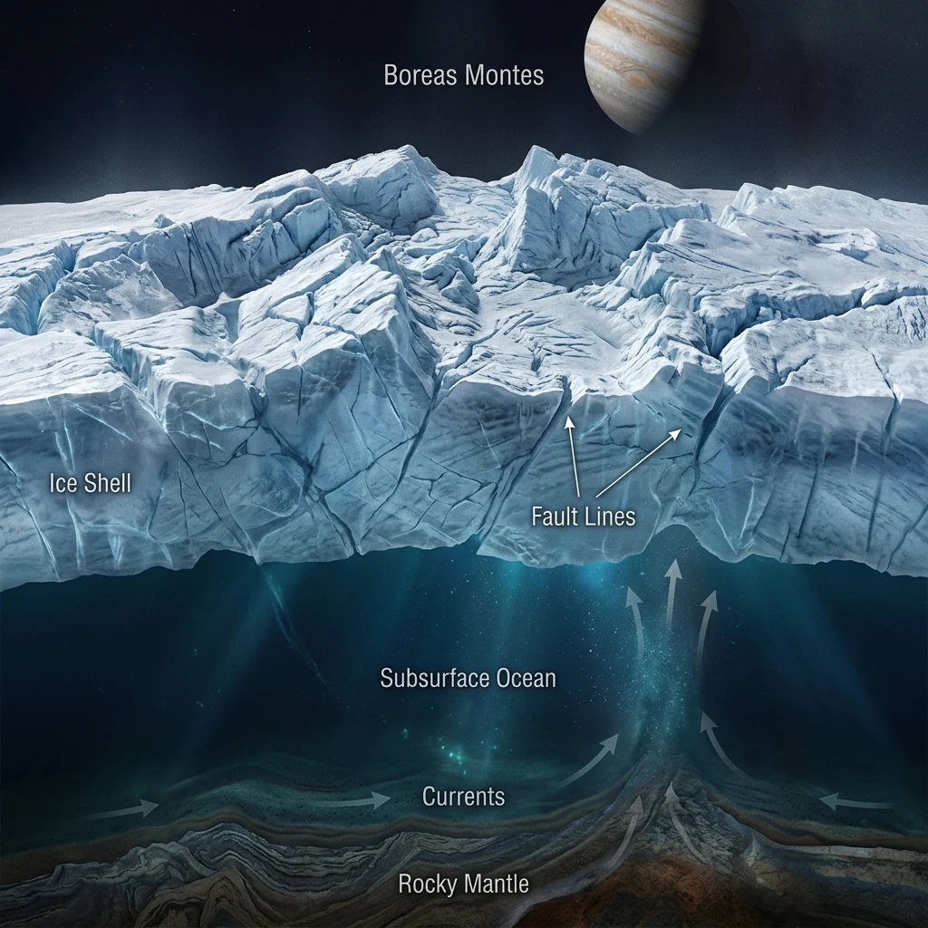 A technical cutaway diagram showing subsurface liquid water oceans driving tectonic…