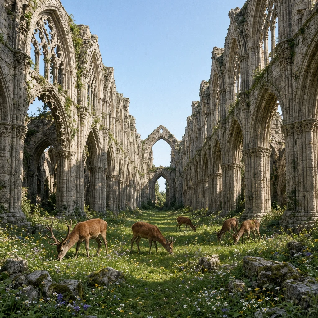 A herd of wild deer grazing peacefully inside the moss-carpeted nave of a roofless gothic…