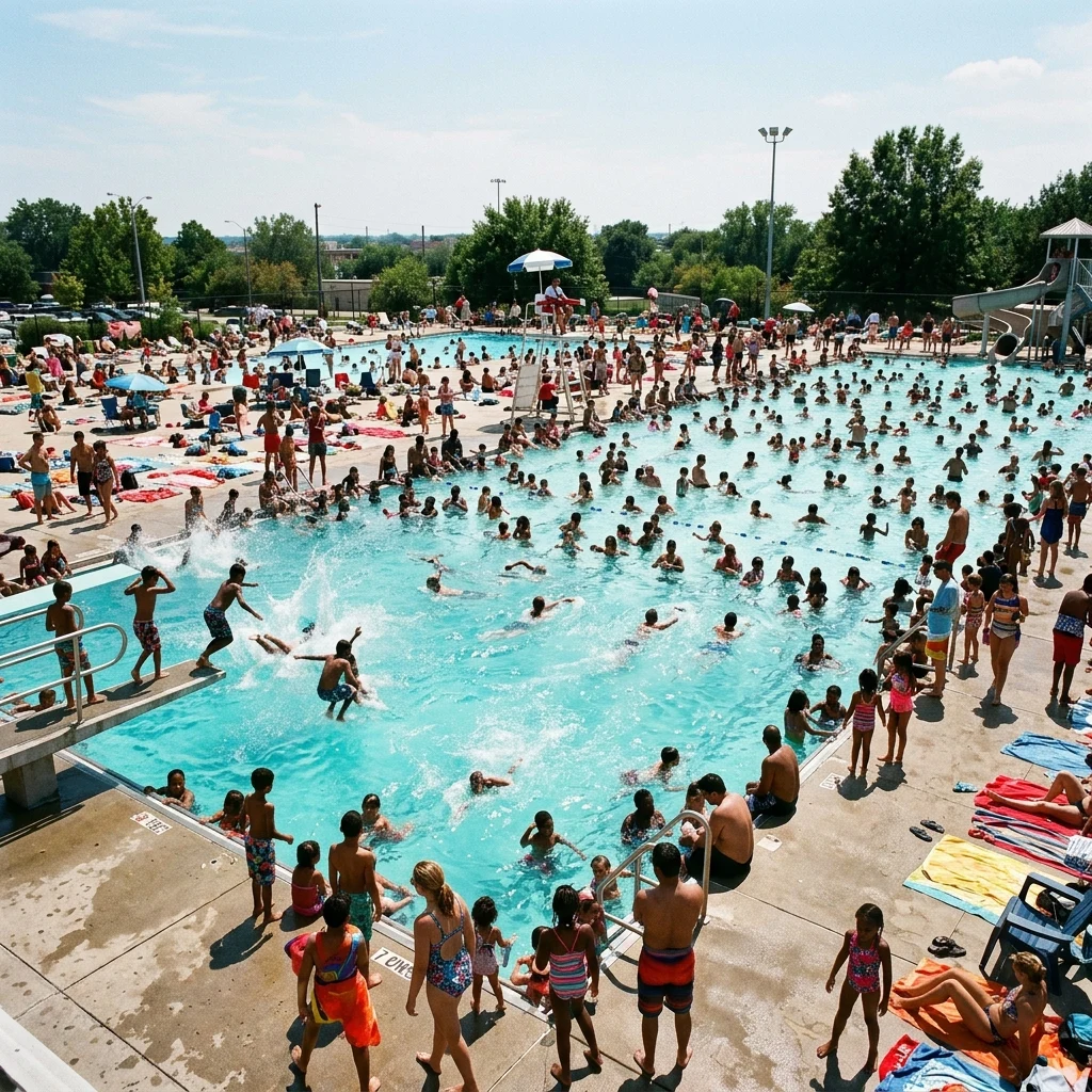 A public municipal pool on the first hot day of summer