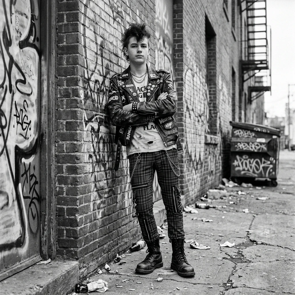 Person in leather jacket by brick wall