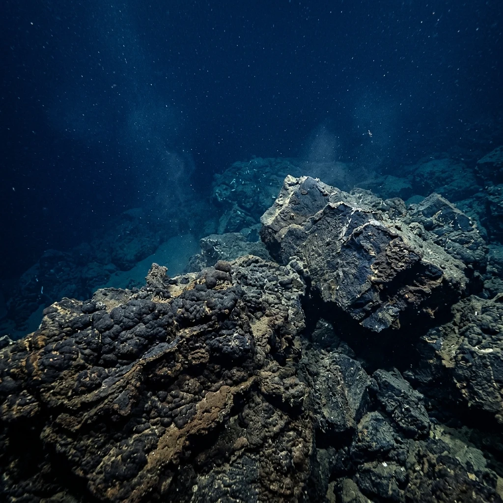 An underwater camera shot of ancient manganese crusts coating the basalt boulders of a…