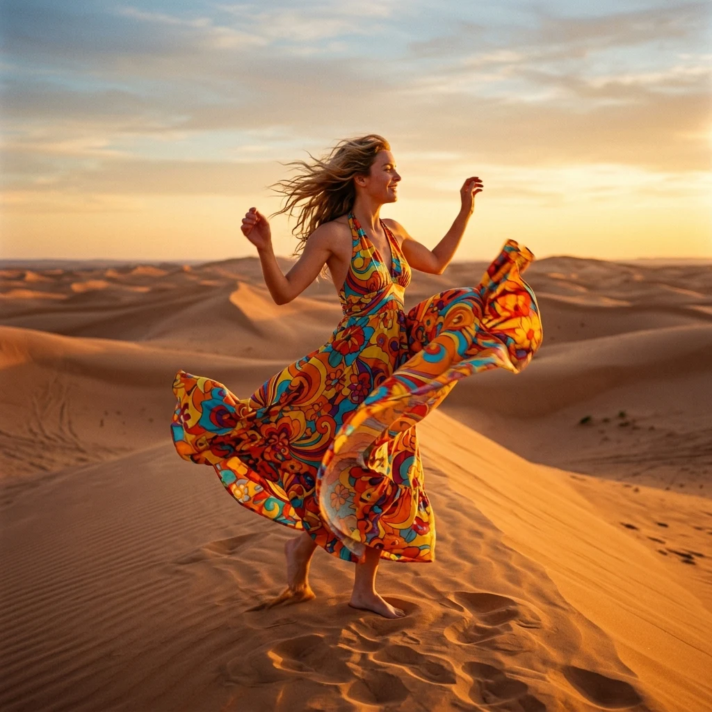 A 1970s vintage halter-neck maxi dress in a bold orange and yellow psychedelic print
