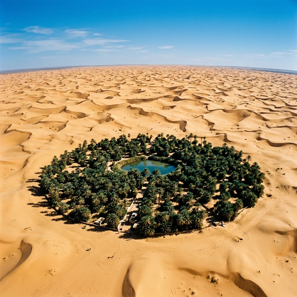 Green palm oasis in the golden desert