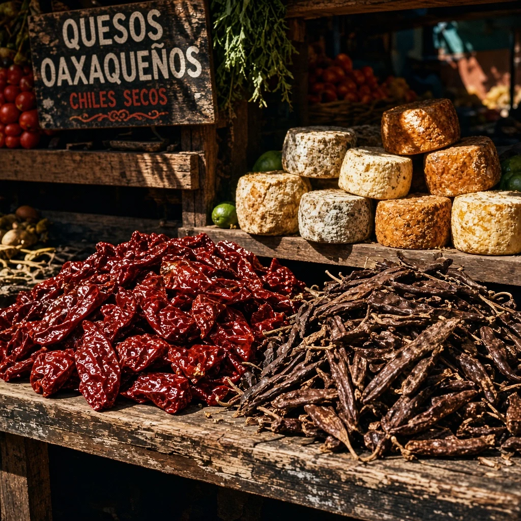 An open-air market in Oaxaca under harsh midday sun