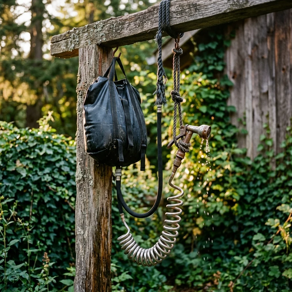 A makeshift shower system made from a suspended 5-gallon black plastic solar shower bag…