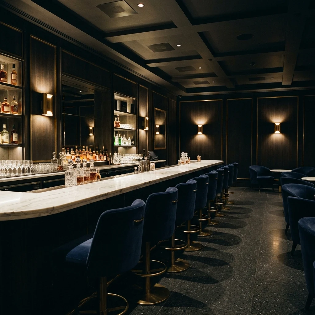 A quiet hotel lobby bar in the middle of the night