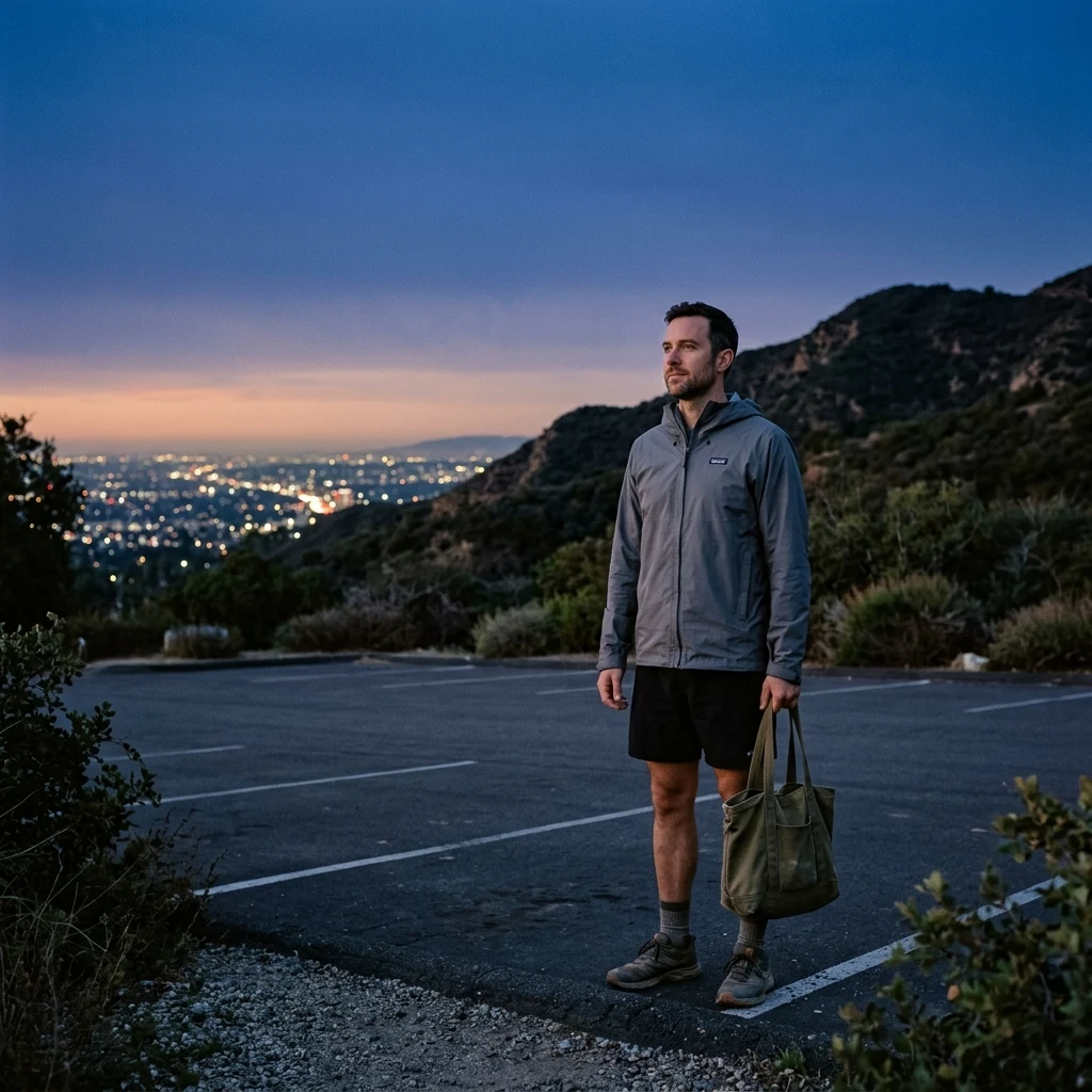 A man in a technical shell over shorts with trail runners and a canvas tote