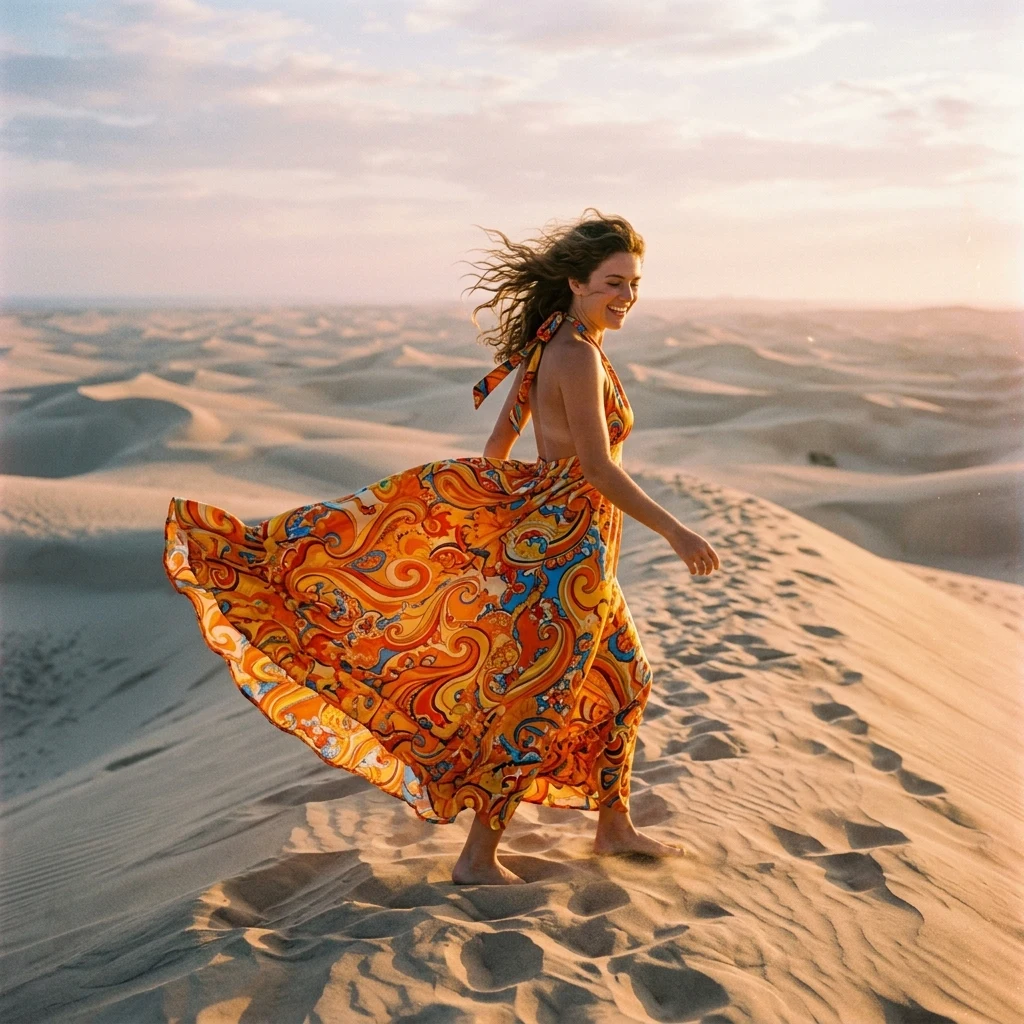 A 1970s vintage halter-neck maxi dress in a bold orange and yellow psychedelic print