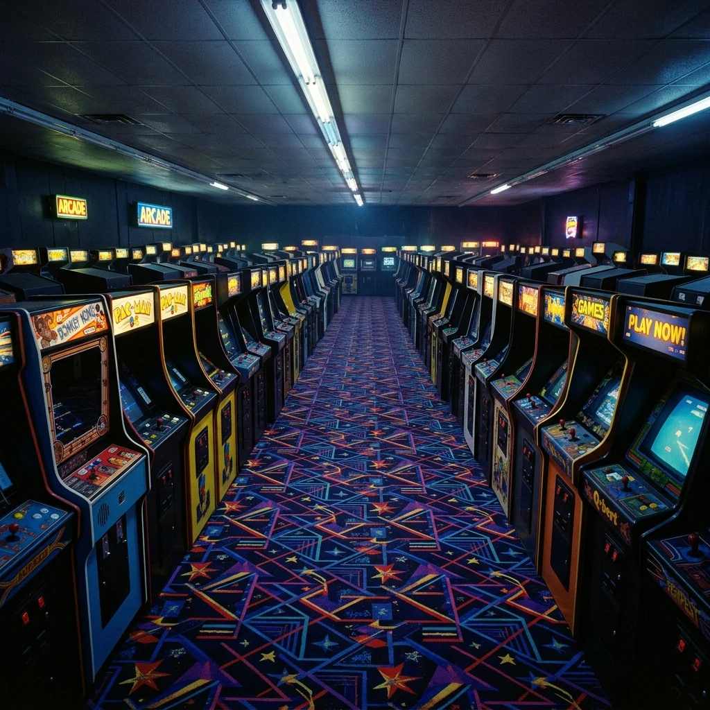 A 1980s neon-lit video arcade at midnight