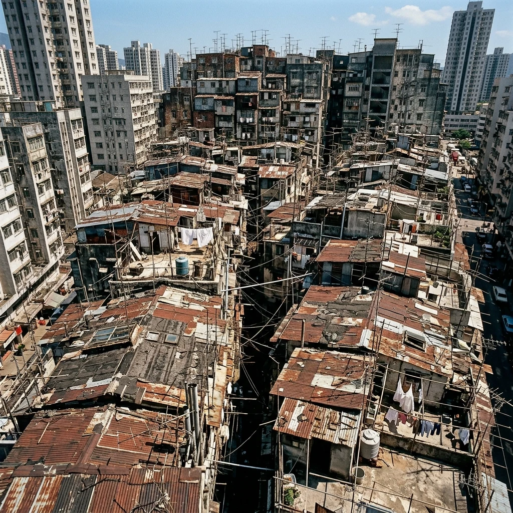 A daytime overhead view from an adjacent building looking down onto the rusted corrugated…