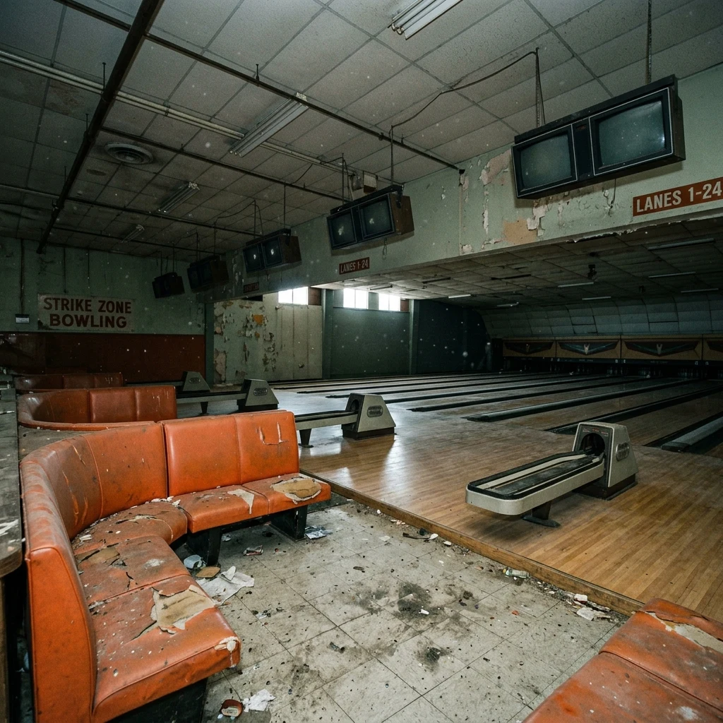 An abandoned 1970s bowling alley with faded orange vinyl seating