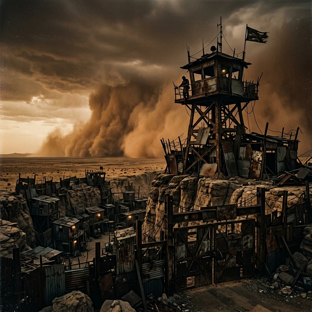 A sentry tower crafted from welded steel girders and corrugated tin